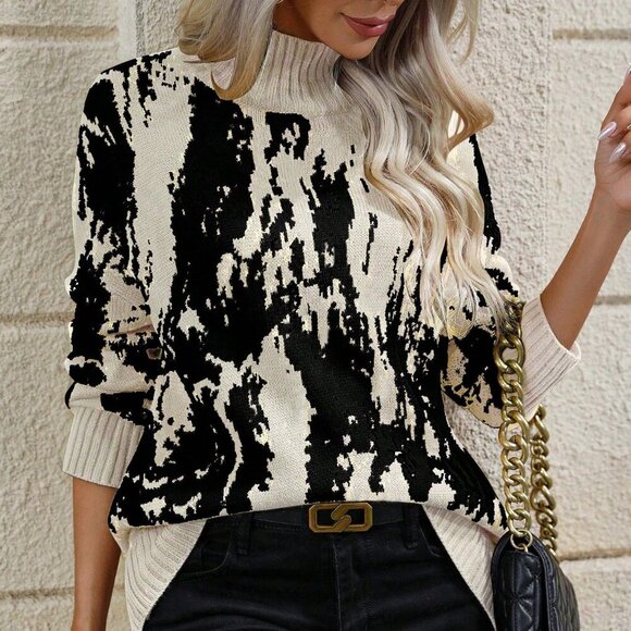 Apricot Casual Women's Graphic Pattern Mock Neck Drop Shoulder Sweater - Picture 5 of 6